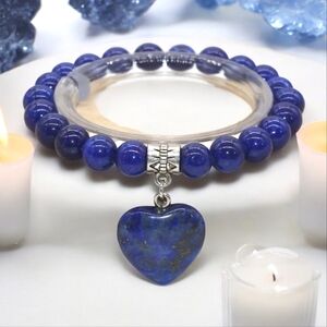 Lapis Lazuli Natural Crystal Stone 8mm Bead Heart Charm Bracelet
